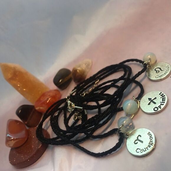 LEO IRON ZODIAC AND MOONSTONE PLANET CHARM BLACK SILK CORD NECKLACE - Picture 5 of 7